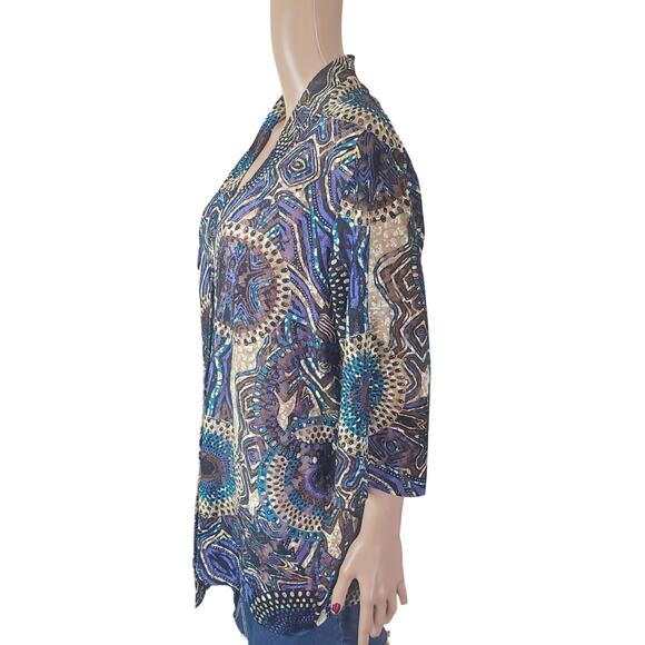 Chico’s Top Size XL (3) Mesh Artsy Lightweight Open Front Cardigan Medallions - Picture 3 of 8